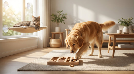 Dog using a treat puzzle and cat resting in a window hammock in a bright living room.