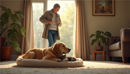 A pet parent putting on a coat while a golden retriever and tabby cat rest peacefully on a soft bed in a cozy living room.