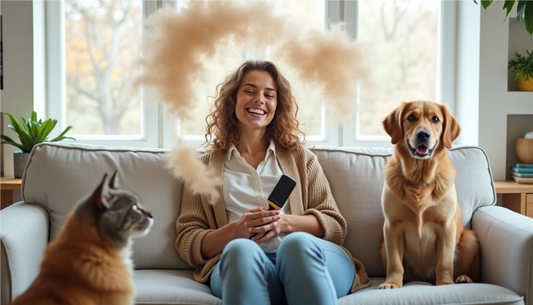 Pet owner smiling on the couch while a golden retriever and gray tabby cat shed fur around the room — a funny, relatable look at everyday pet hair chaos