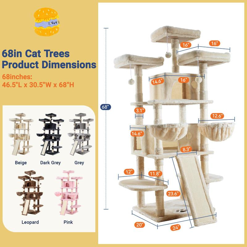 Enter the Kingdom of Cattopia with the Allewie Multi-Level Tower of Feline Joy - Plush Perches, Cozy Cat Condo & Swinging Hammock Await Your Cat's Royal Approval!