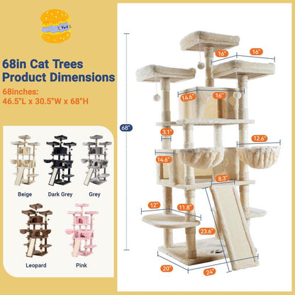 Enter the Kingdom of Cattopia with the Allewie Multi-Level Tower of Feline Joy - Plush Perches, Cozy Cat Condo & Swinging Hammock Await Your Cat's Royal Approval!