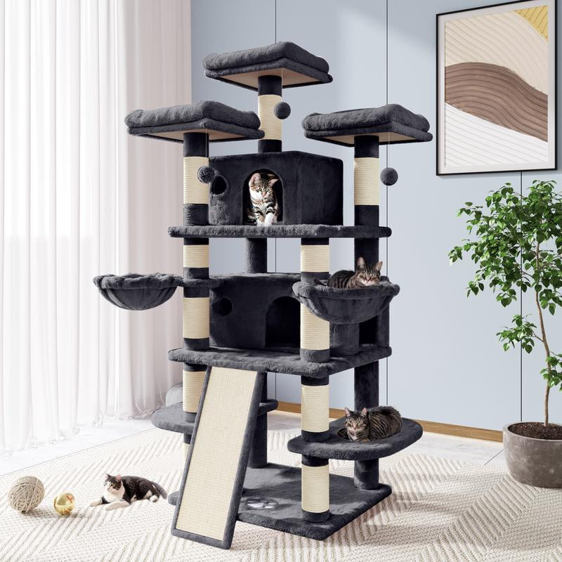 Enter the Kingdom of Cattopia with the Allewie Multi-Level Tower of Feline Joy - Plush Perches, Cozy Cat Condo & Swinging Hammock Await Your Cat's Royal Approval!