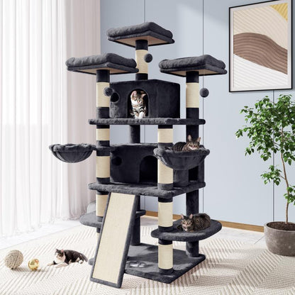 Enter the Kingdom of Cattopia with the Allewie Multi-Level Tower of Feline Joy - Plush Perches, Cozy Cat Condo & Swinging Hammock Await Your Cat's Royal Approval!