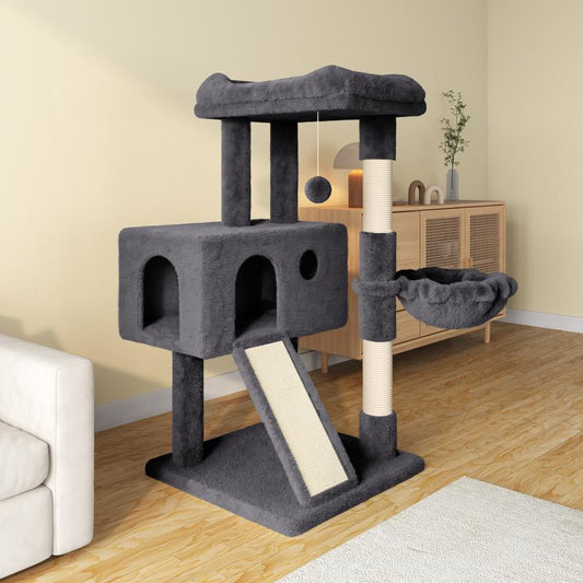Enter the Kingdom of Cattopia with the Allewie Multi-Level Tower of Feline Joy - Plush Perches, Cozy Cat Condo & Swinging Hammock Await Your Cat's Royal Approval!